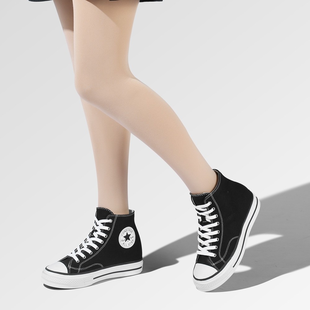 Elevator Shoes for Women - Black Canvas High Top Wedge sneakers 6cm / 2.36 Inches