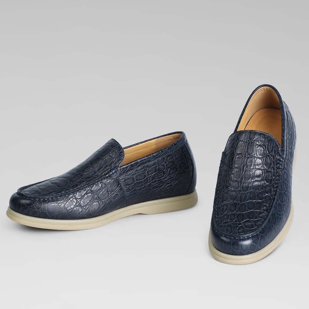 Blue Embossed Sheepskin Men's Slip-On Height Increasing Loafers