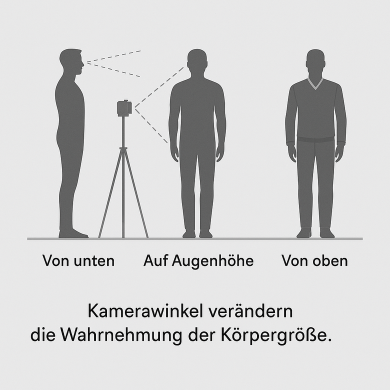 Vergleich von drei Blickwinkeln, die zeigen, wie Kameraeinstellungen Menschen größer oder kleiner wirken lassen.