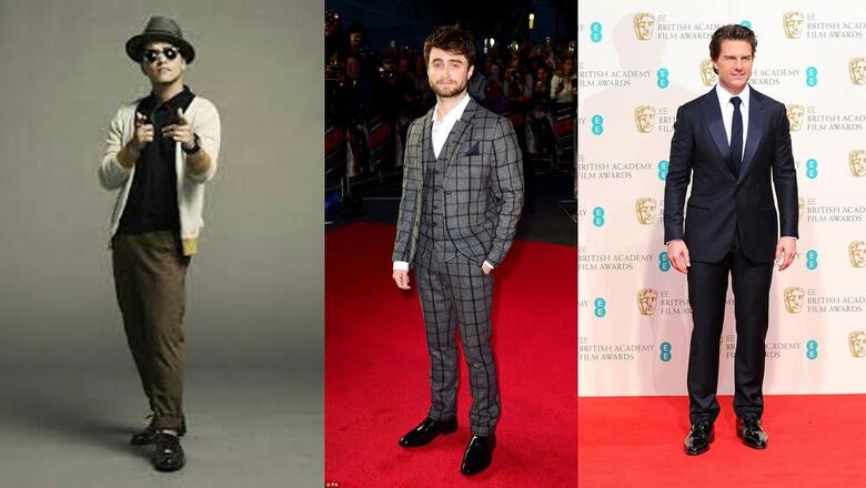 Drei bekannte Hollywood-Stars mit geringerer Körpergröße – Daniel Radcliffe, Tom Cruise und Bruno Mars – zeigen stilvolles Auftreten auf dem roten Teppich oder im Studio.