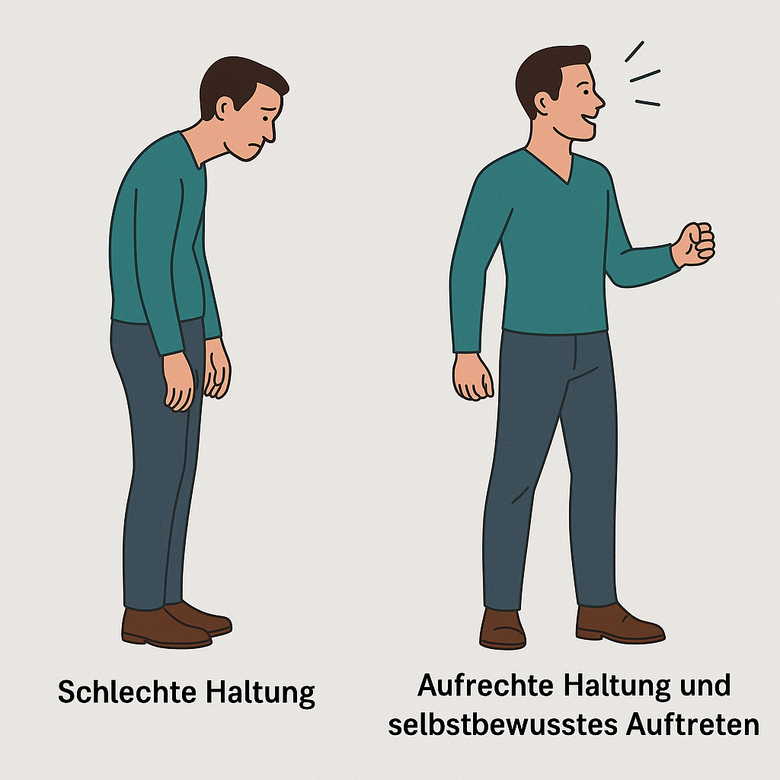 Zwei stehende Figuren im Vergleich: eine mit aufrechter, selbstbewusster Haltung, eine mit gebeugter Körperhaltung.