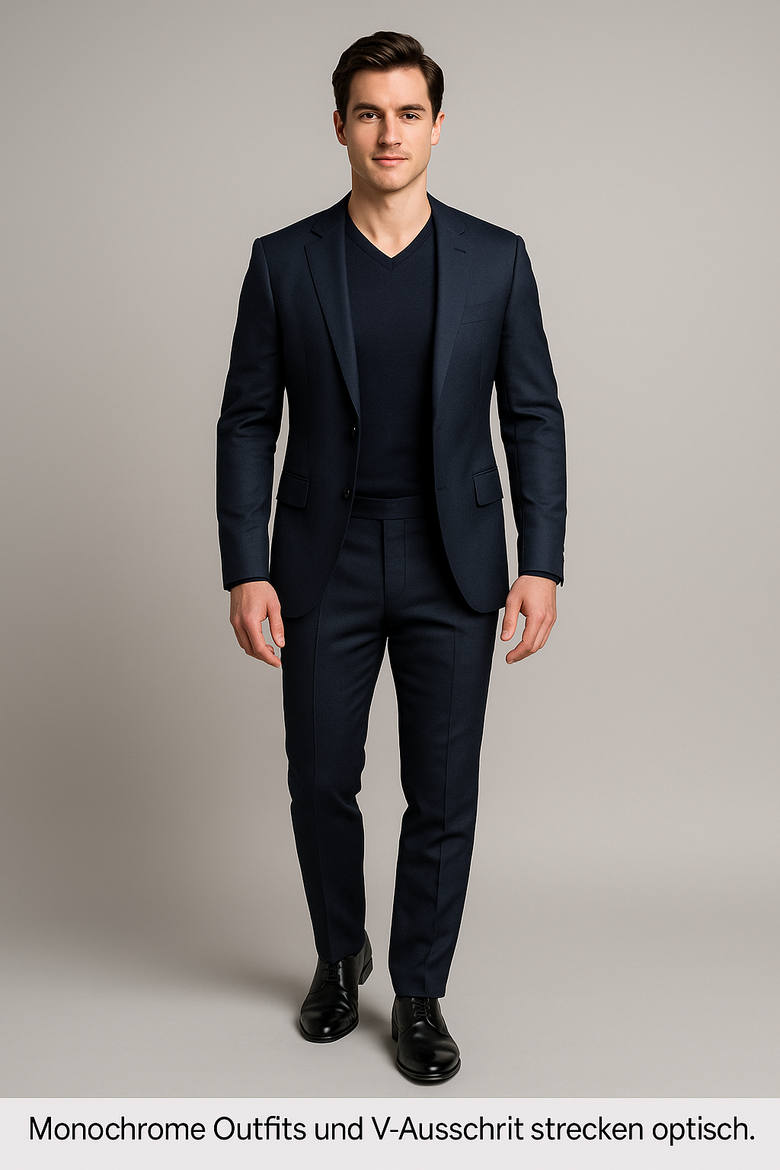 Modebeispiel eines Mannes mit V-Ausschnitt, einfarbigem Outfit und taillierter Passform für eine optisch größere Wirkung.