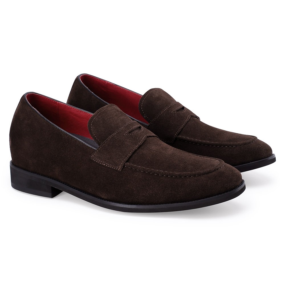 Brown Suede Leather penny loafer shoes - 2.36 inches taller