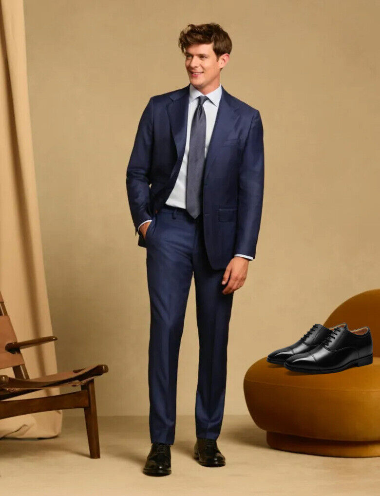 Formele Verhoogde Schoenen voor heren in een blauw pak, ideaal voor bruiloften en zakelijke gelegenheden