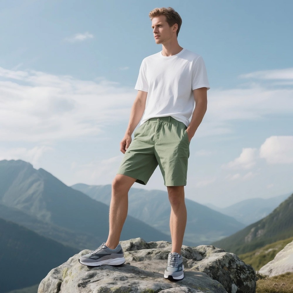 Model wearing grey mesh elevator sneakers for BBQs, backyard games, and casual outdoor gatherings