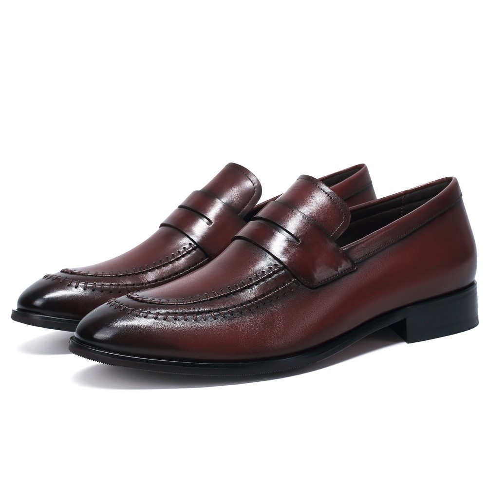  Burgundy Leather Elevator Loafers Penny Shoes 5CM / 1.95 Inches