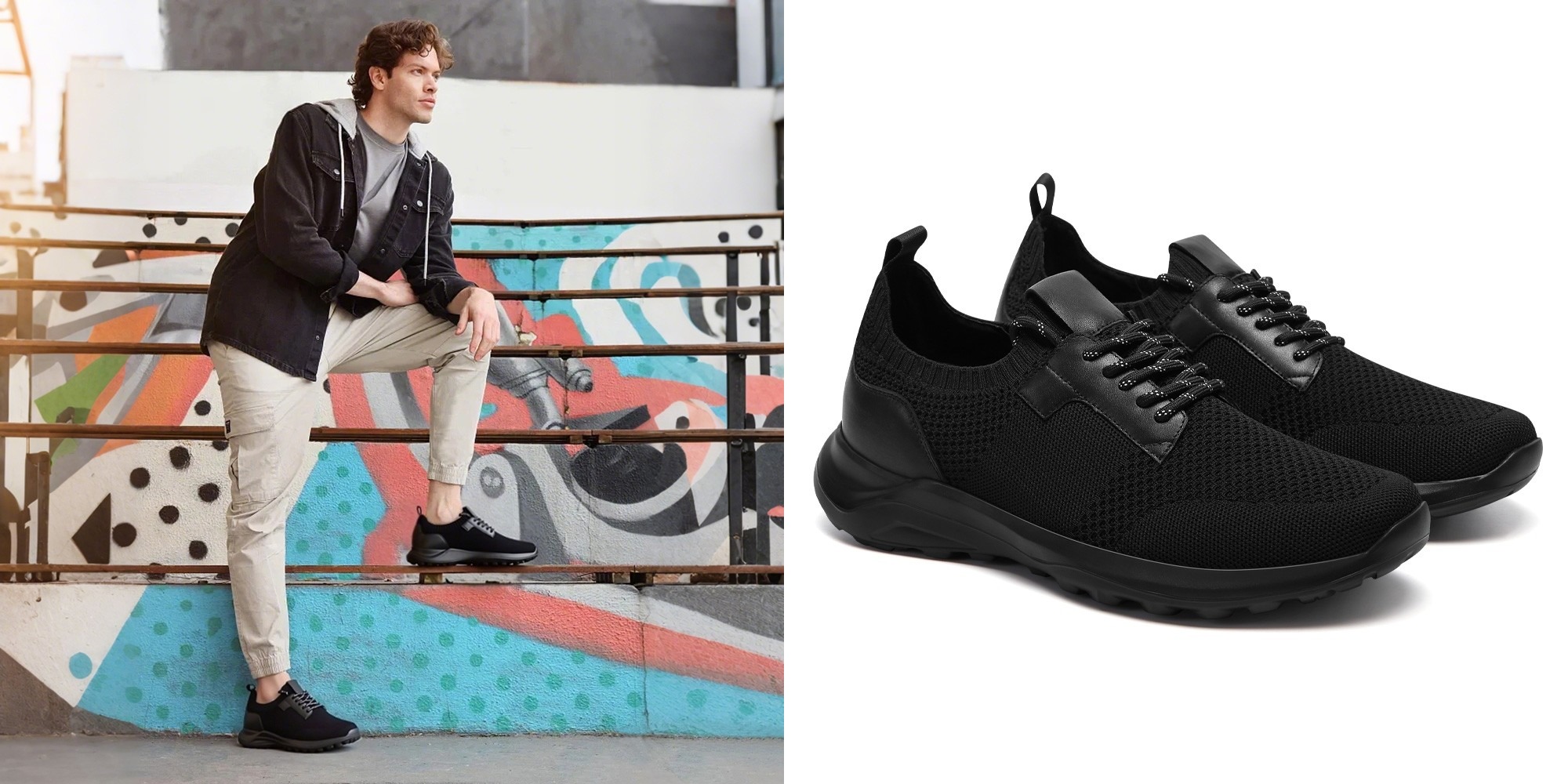 Sneakers Rialzate Uomo | Scarpe Sportive Casual In Maglia Nera 7CM