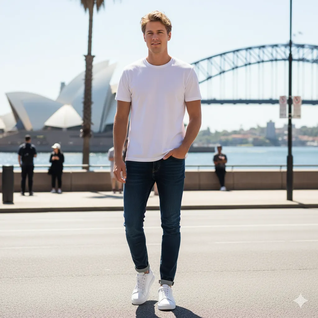 1. Dark Slim Jeans + Plain White T-Shirt + Elevator Sneakers