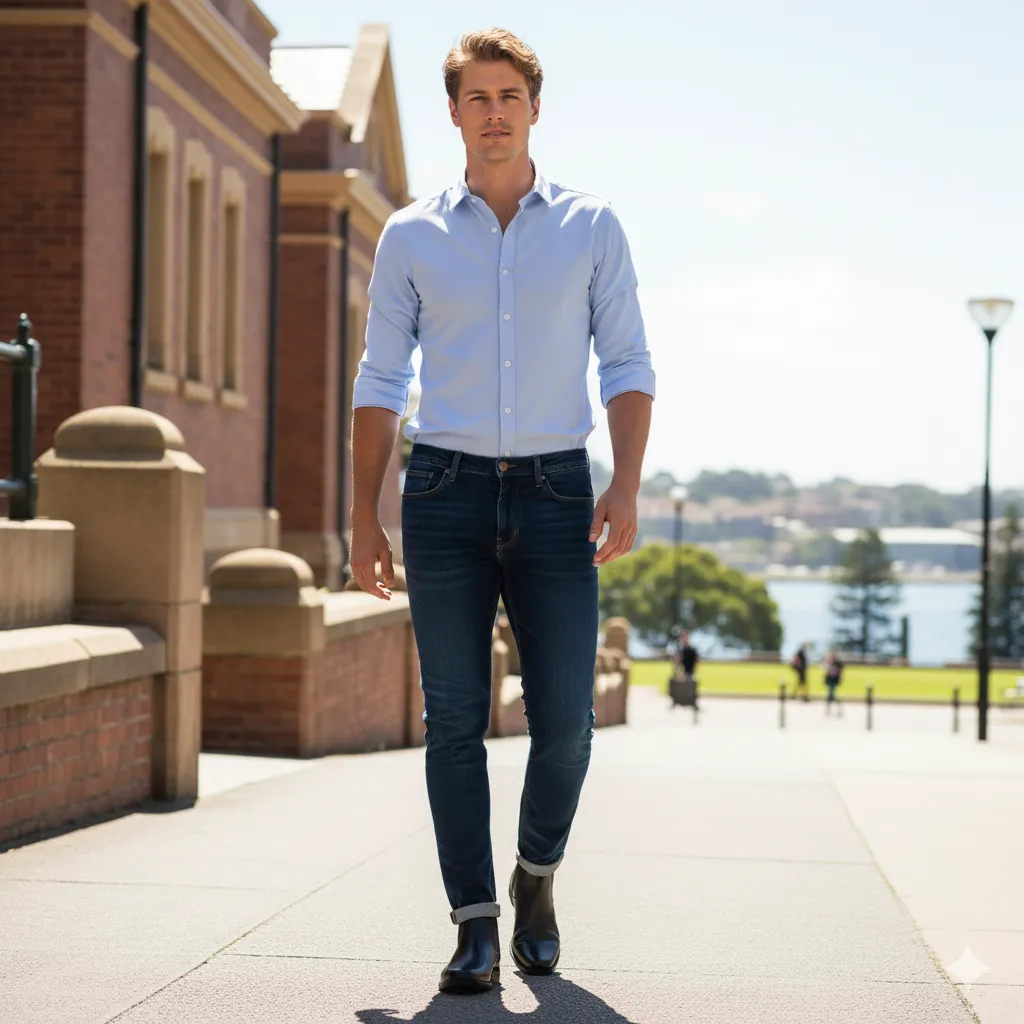 2. Straight-Leg Jeans + Fitted Button-Down + Chelsea Boots with Hidden Lift