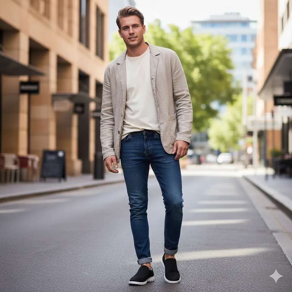 3. Mid-Rise Dark Jeans + Light Top + Neutral Jacket