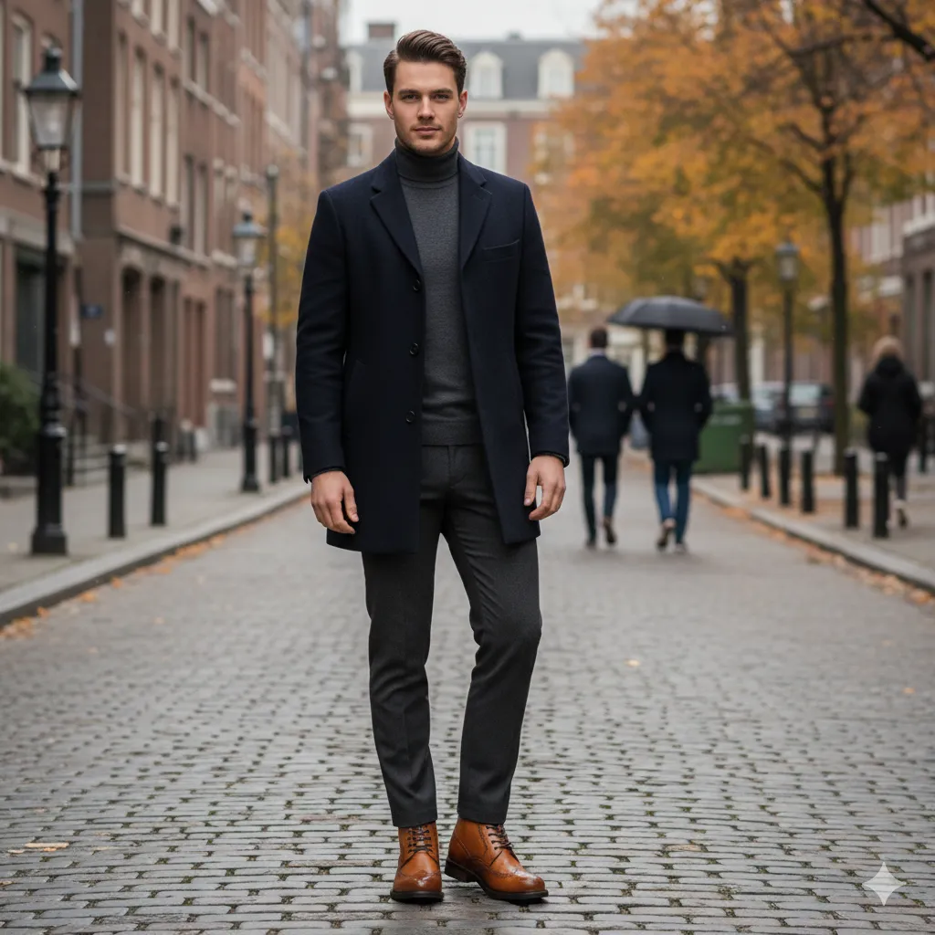 Winterkleding outfit voor kleine mannen met een korte donkere jas, tapered broek en verhogende boots van +8 cm.