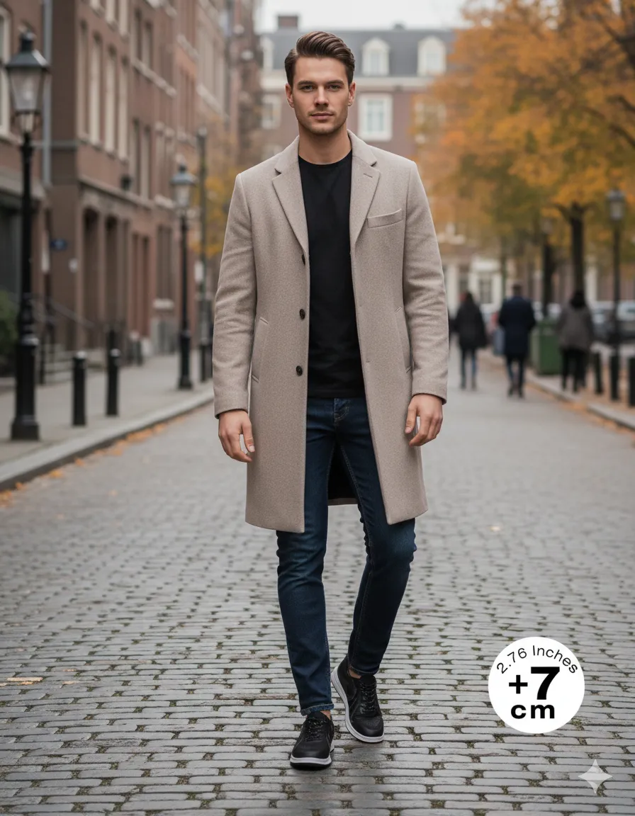 Stijlvolle lange jas voor kleine mannen gecombineerd met een slim fit jeans en verhoogde sneakers van +7 cm.