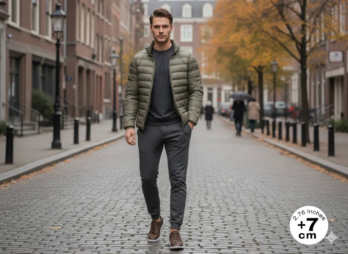 Casual wintermode voor kleine mannen: een lichte puffer jacket met joggingbroek en sneakers met verhoogde hak.