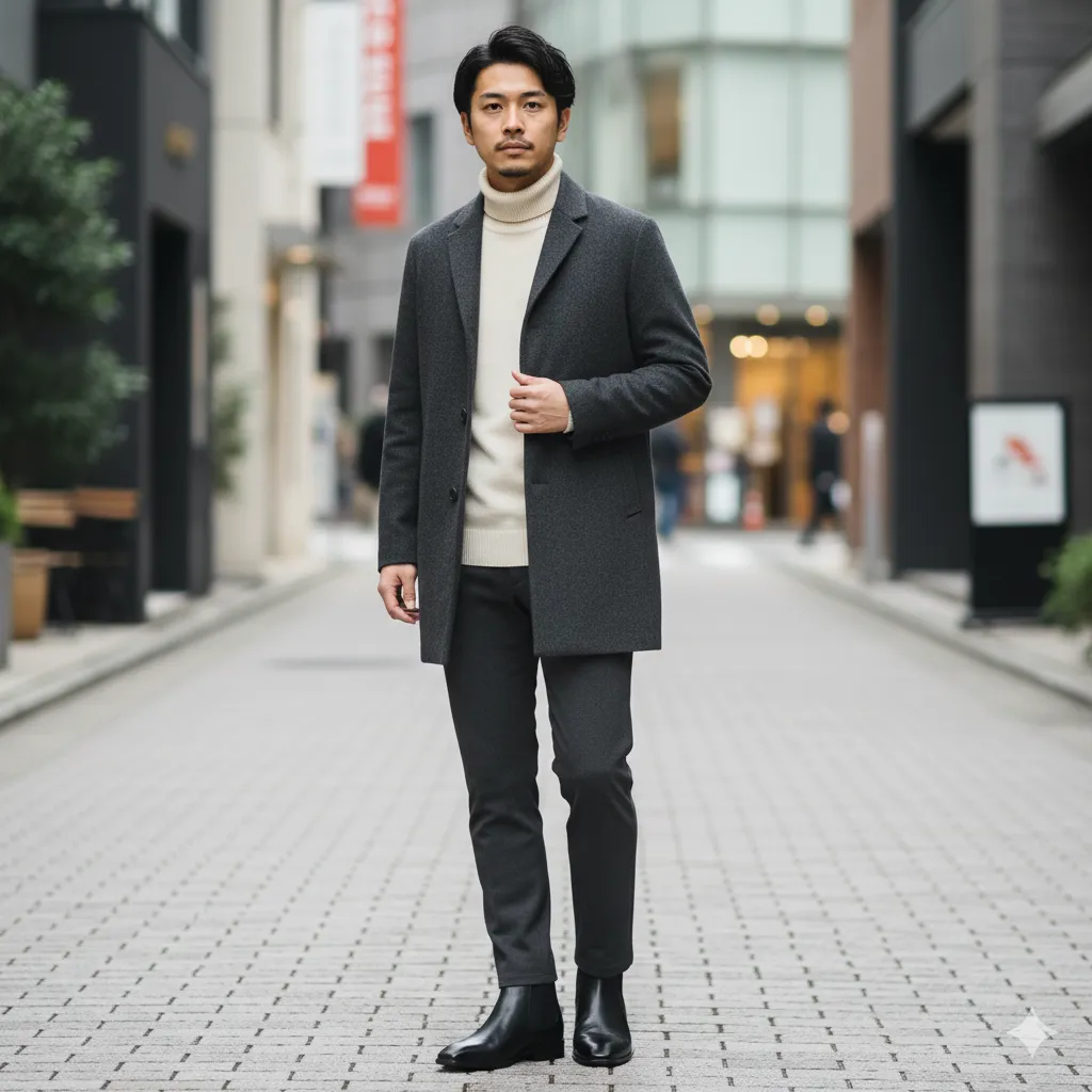 ショートコート × テーパードパンツ