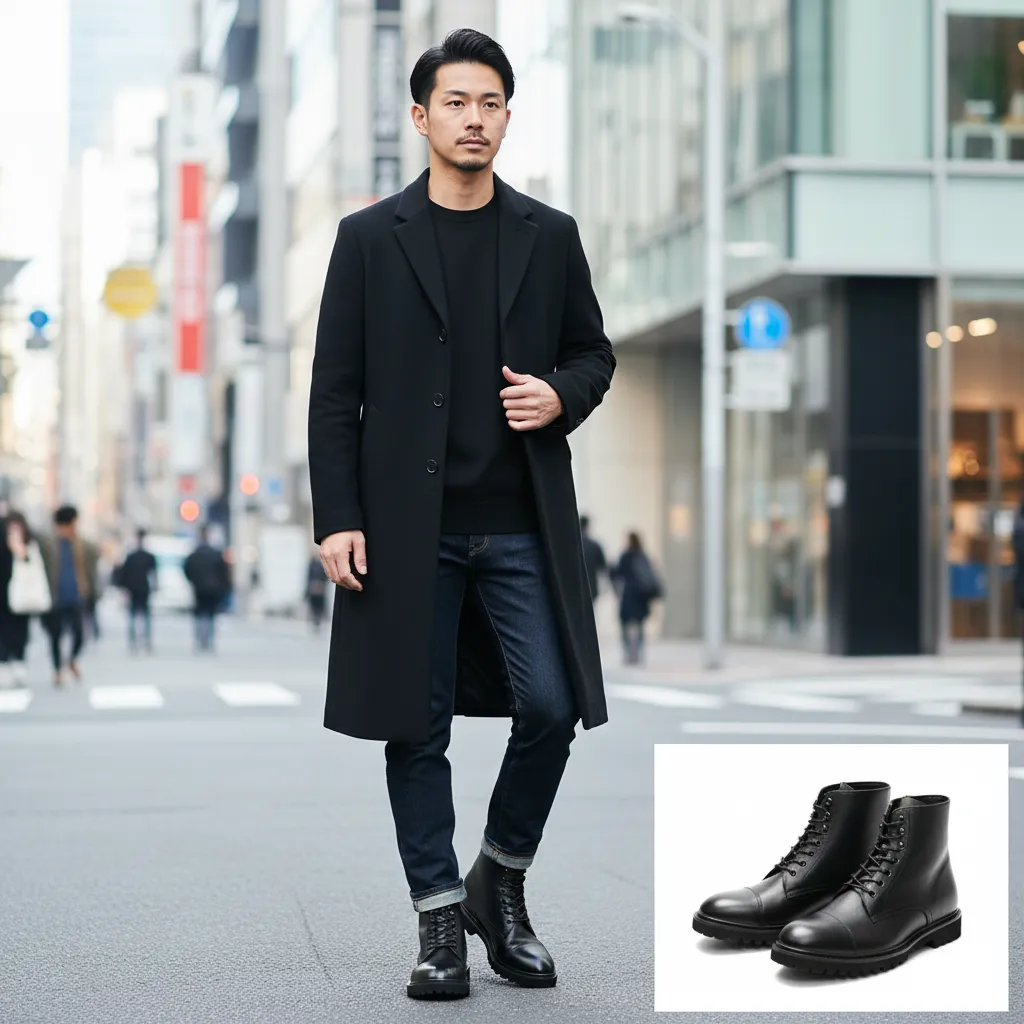 ロングコート × 細身デニム