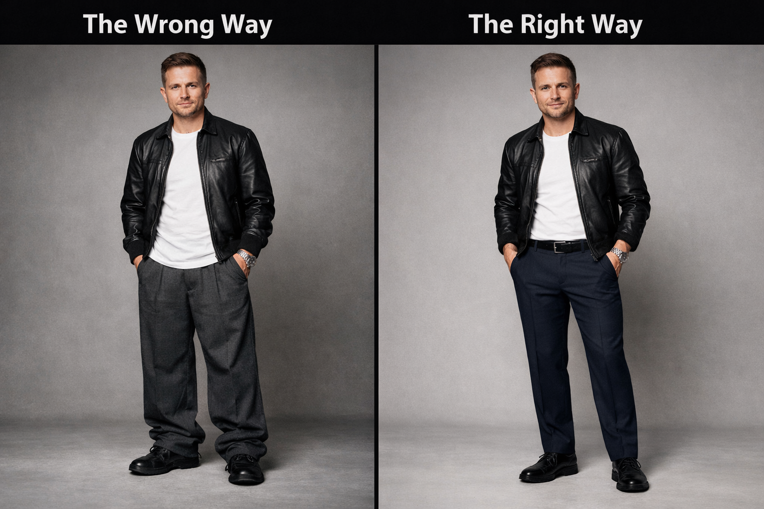 Hosen für kleine Männer: Ein visueller Vergleich zwischen zu langer Hose mit Stacking und einer perfekt sitzenden Slim-Fit-Hose.