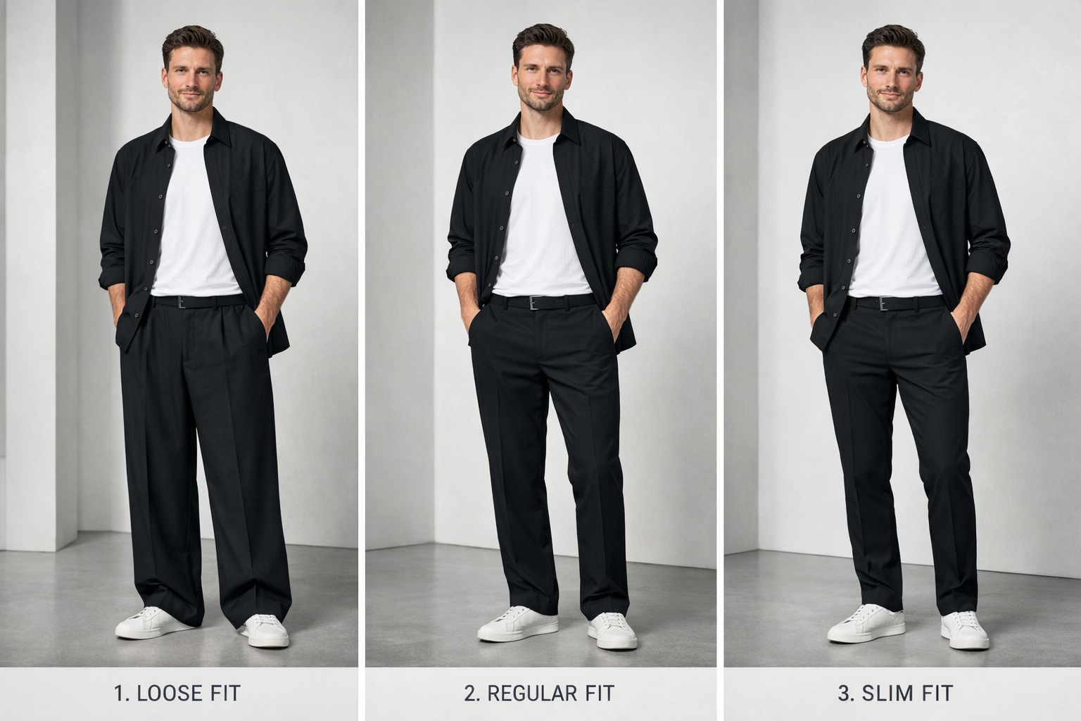 Infografik über den richtigen Hosen-Schnitt: Slim Fit vs. Regular Fit und der Effekt der mittleren Bundhöhe bei kleineren Männern.