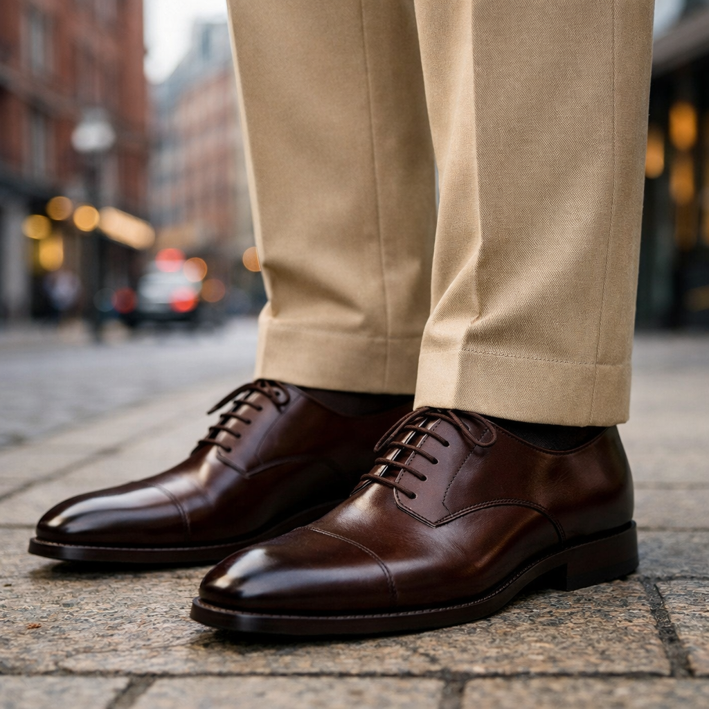 Nahaufnahme einer perfekt gekürzten Hose mit No-Break-Saum kombiniert mit eleganten Schuhen, die größer machen.