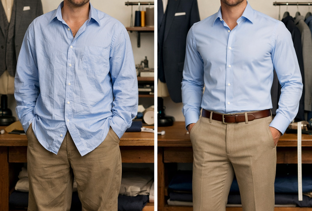 Vergleich zwischen Baggy Fit und Slim Fit Kleidung, um als Mann größer zu wirken