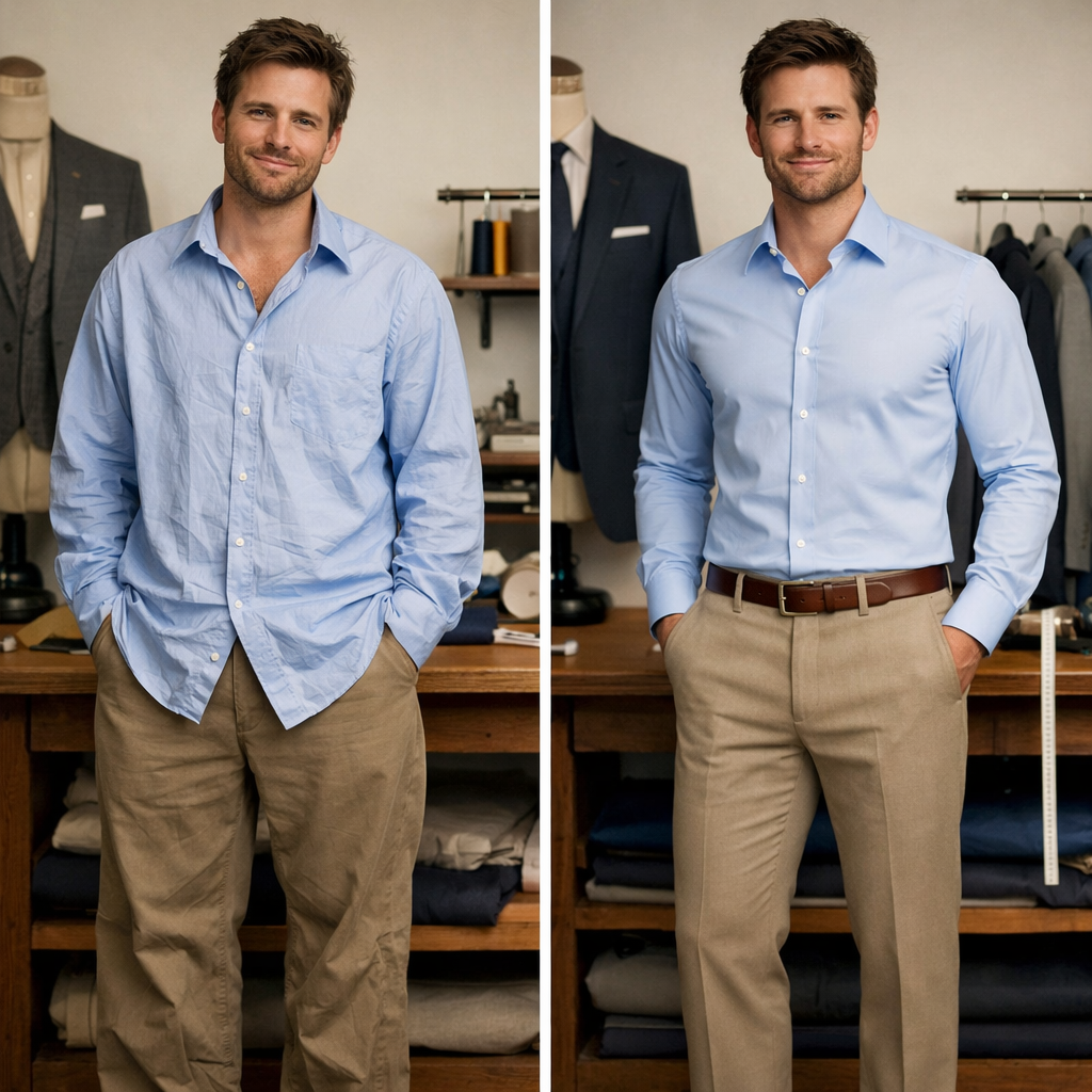 Vergleich zwischen Baggy Fit und Slim Fit Kleidung, um als Mann größer zu wirken
