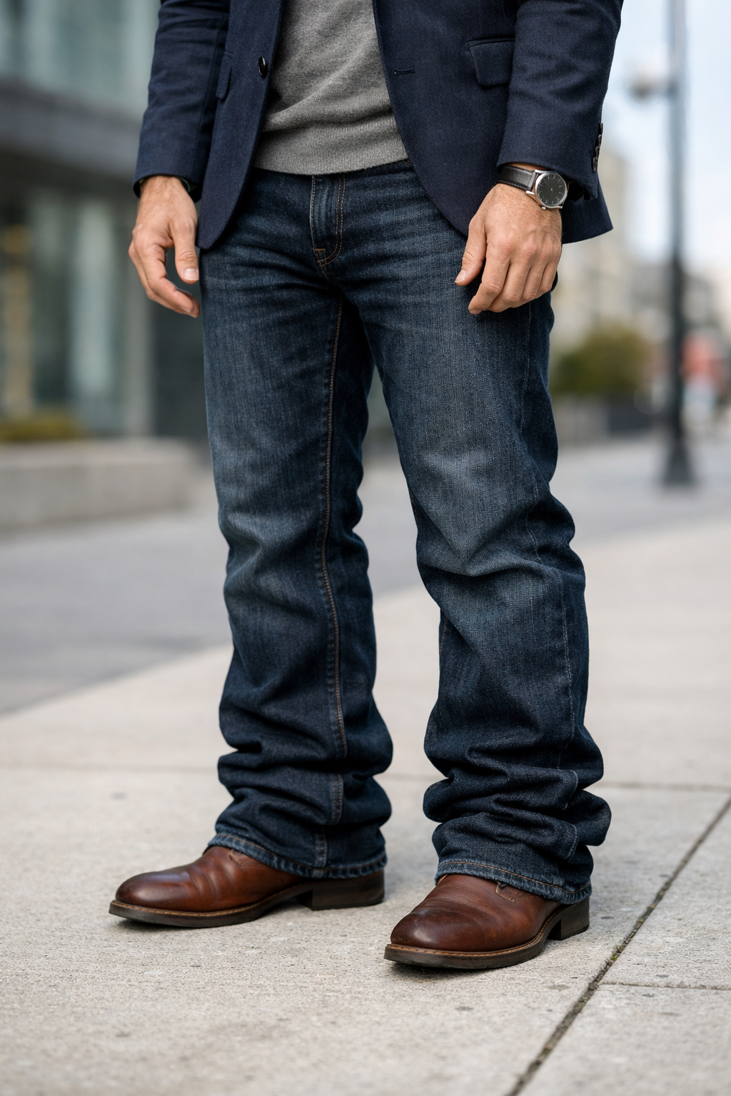 Canadian man with frustratingly long, bunched jeans over his boots, illustrating a common fit problem for shorter men.