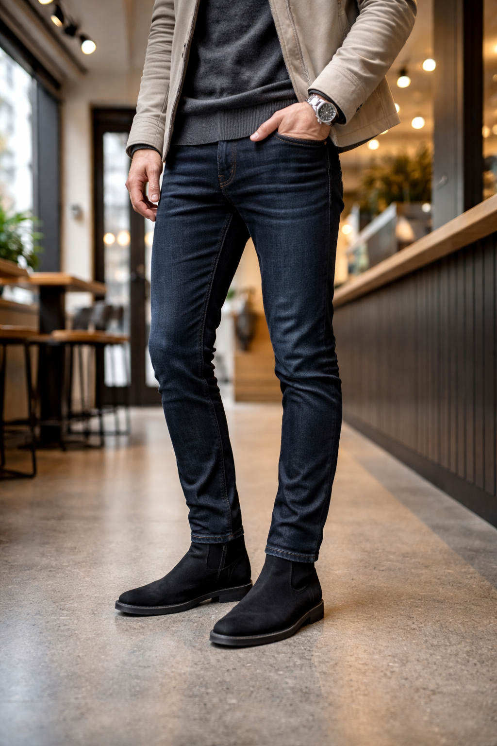 Stylish Canadian man wearing perfectly fitted slim-straight jeans with discreet elevator Chelsea boots for an elongated silhouette.