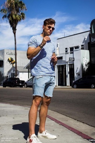 Look 8 Denim shorts + striped tee
