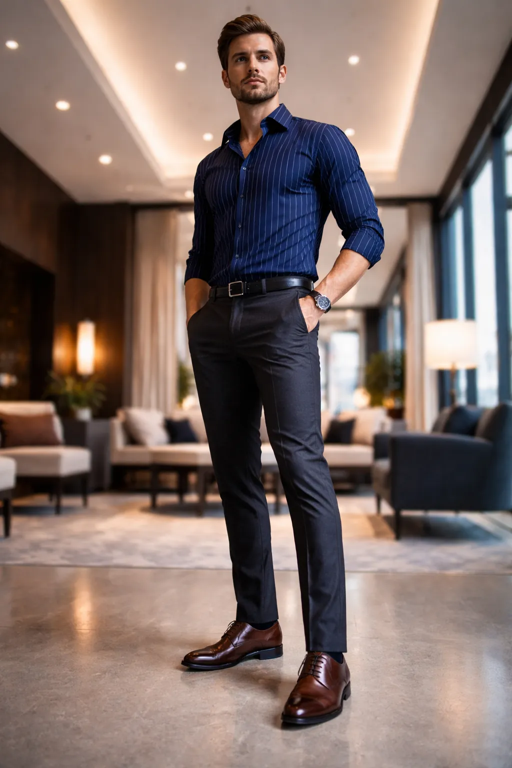 A stylish man in a vertical striped shirt and leather dress shoes demonstrating a tall, vertical silhouette.