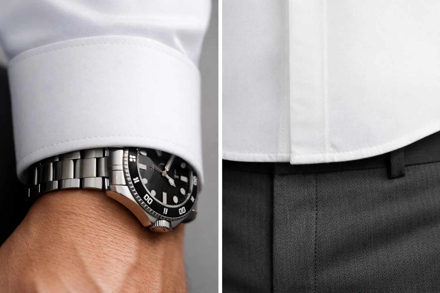 Infographic showing the correct sleeve length and hem position for short men's dress shirts.
