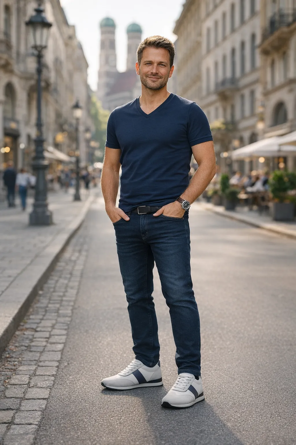 Ein kleinerer Mann mit Bauch trägt ein perfekt sitzendes T-Shirt und elegante Schuhe mit Höheneffekt für ein größeres und schlankeres Erscheinungsbild.