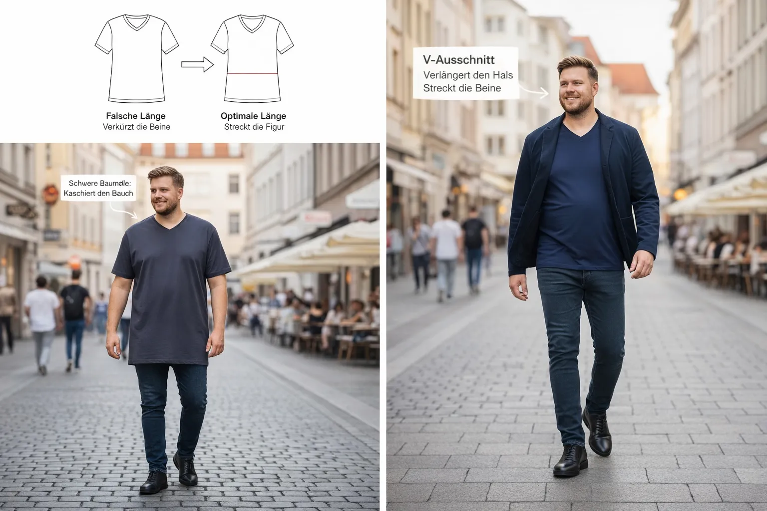 Vergleich der Passform eines T-Shirts für kleine Männer mit Bauch: links falsche Länge, rechts optimale Proportionen zur Streckung der Silhouette.