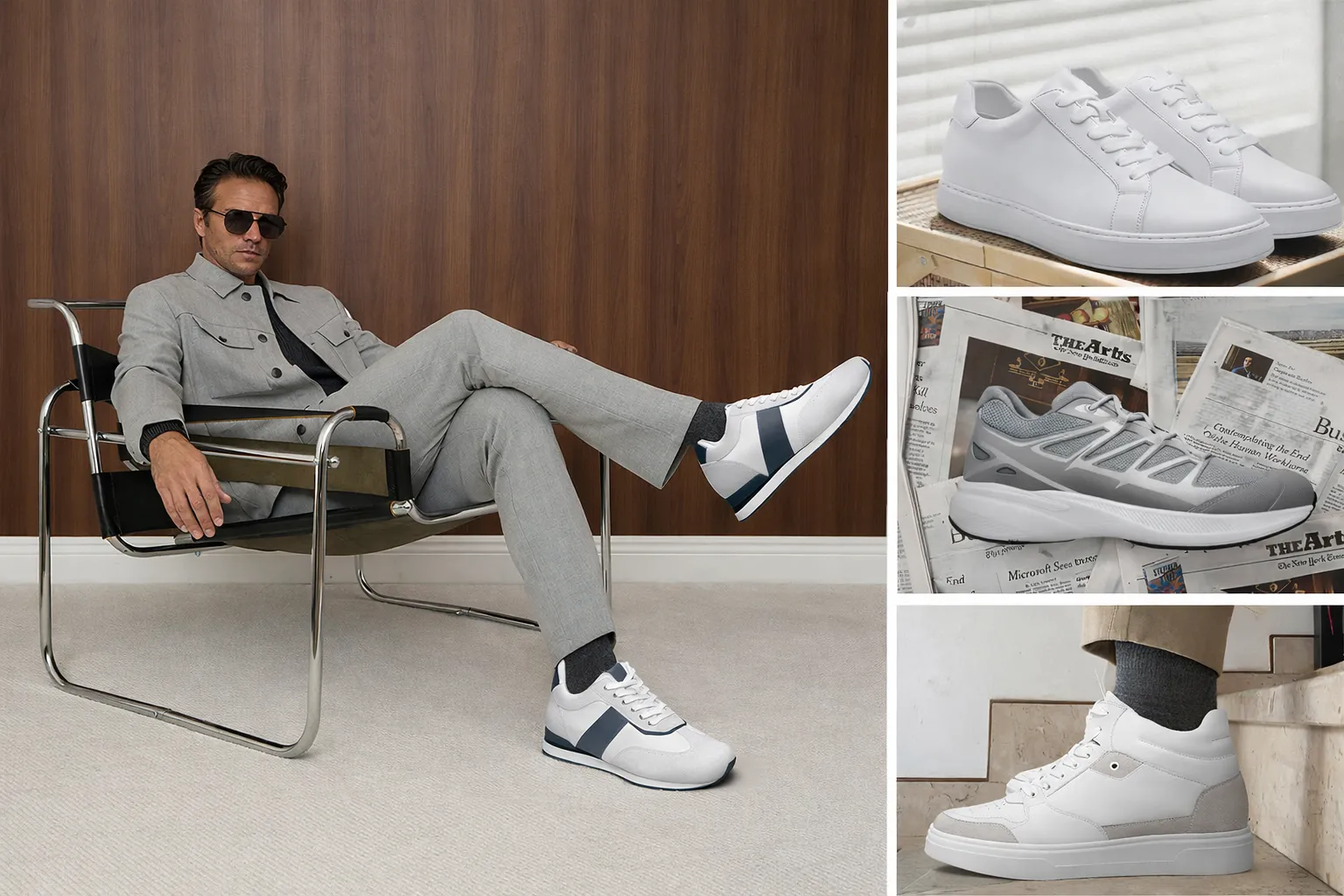 Een collectie van essentiële heren sneakers voor 2026, met een Lifestyle look van een man in een grijze outfit en individuele modellen van witte leren sneakers, retro runners en high-tops.