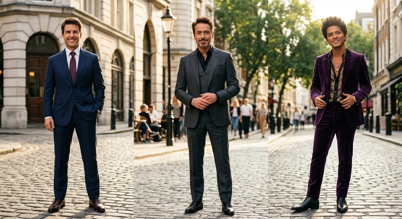 attractive men Tom Cruise, Robert Downey Jr., and Bruno Mars