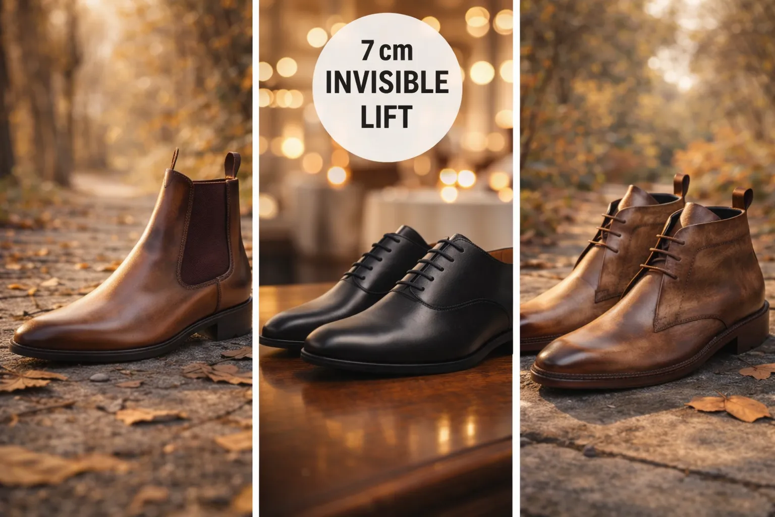 Brown leather Chelsea boots and black Oxford elevator shoes in a winter setting, with a 7 cm invisible lift badge.