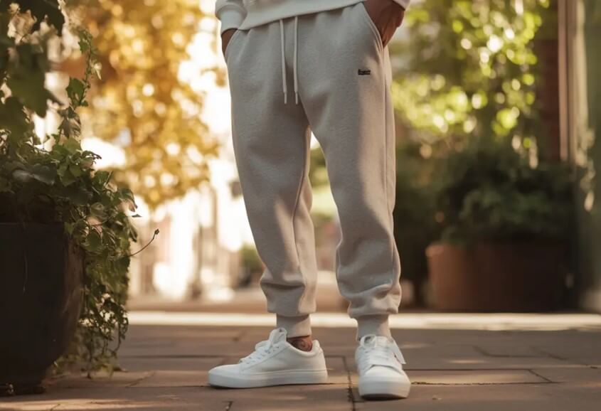 Ein Mann, der eine Jogginghosen für kleine Männer trägt, steht auf der Straße.