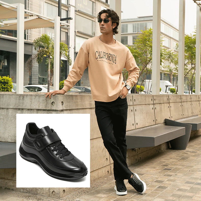 Ein modebewusster Mann, der Jogginghosen für kleine Männer und Chamaripa-Schuhe trägt, wirkt größer.