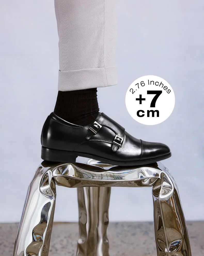 Fashionable double monk strap shoes for men with 7 cm height increasing insoles, stylish modern display.