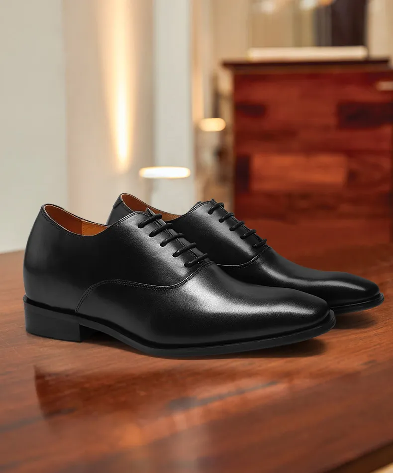 Polished black leather Oxford dress shoes for men with 7 cm invisible height increase, luxury wedding style.
