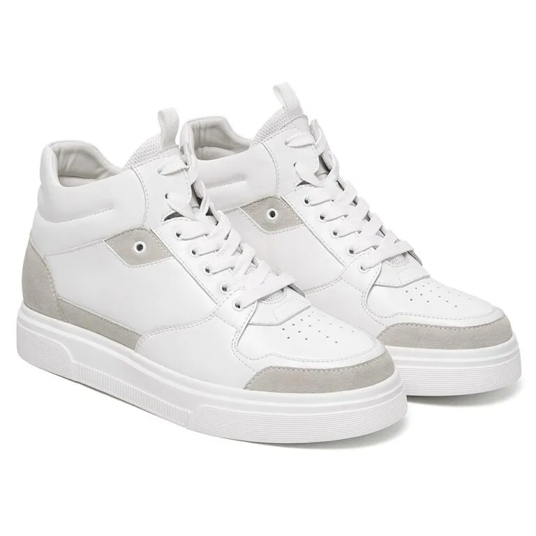 High-top street style elevator sneakers for 10cm height gain, premium leather basket-style shoes.