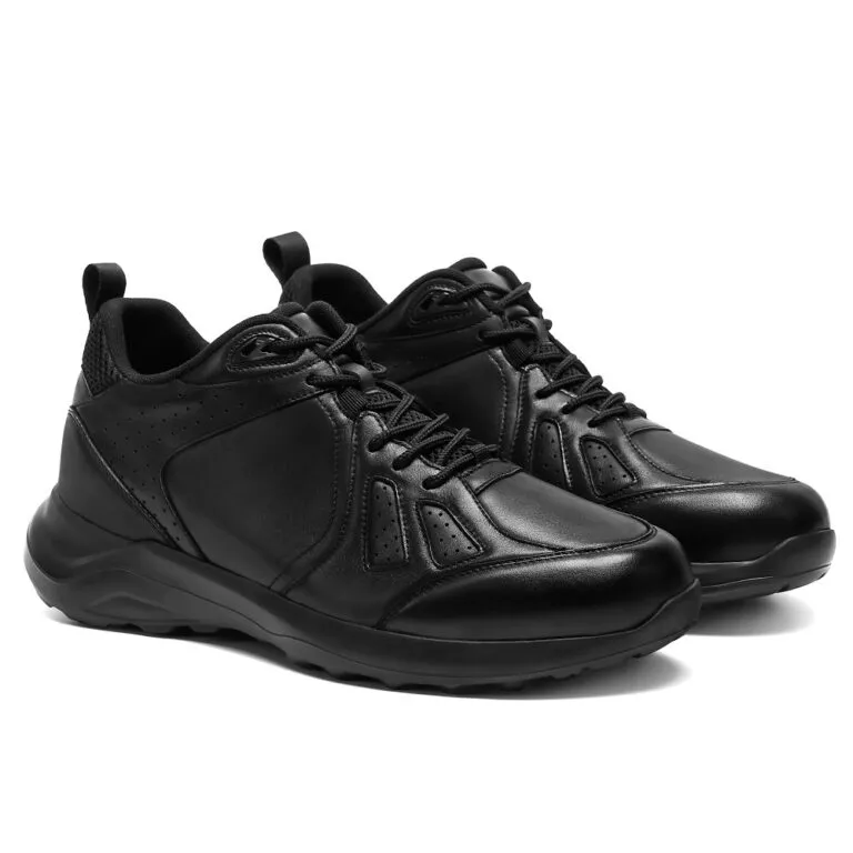 All-black urban style elevator sneakers with 3 inch height increase, perfect for Canadian spring commute.