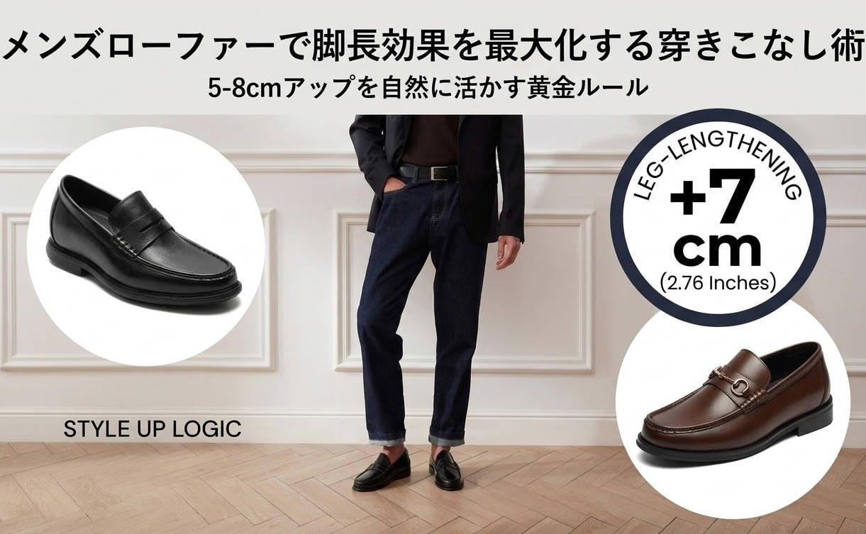 メンズローファーで脚長効果を出す黄金ルール。5-8cmアップを自然に活かす穿きこなし術（Style Up Logic）