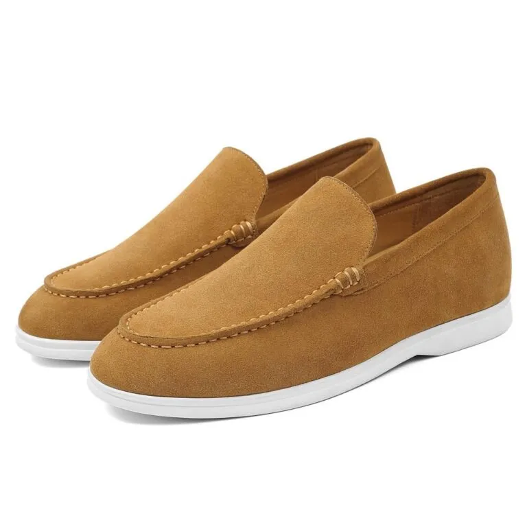 Elegant tan suede slip-on sneakers with hidden wedge for men, comfortable business casual footwear.