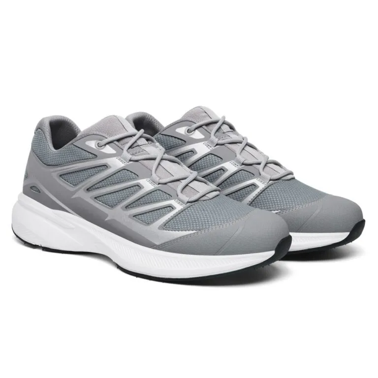 70s inspired retro runner elevator shoes in grey suede, fashionable 7cm height boosting sneakers.