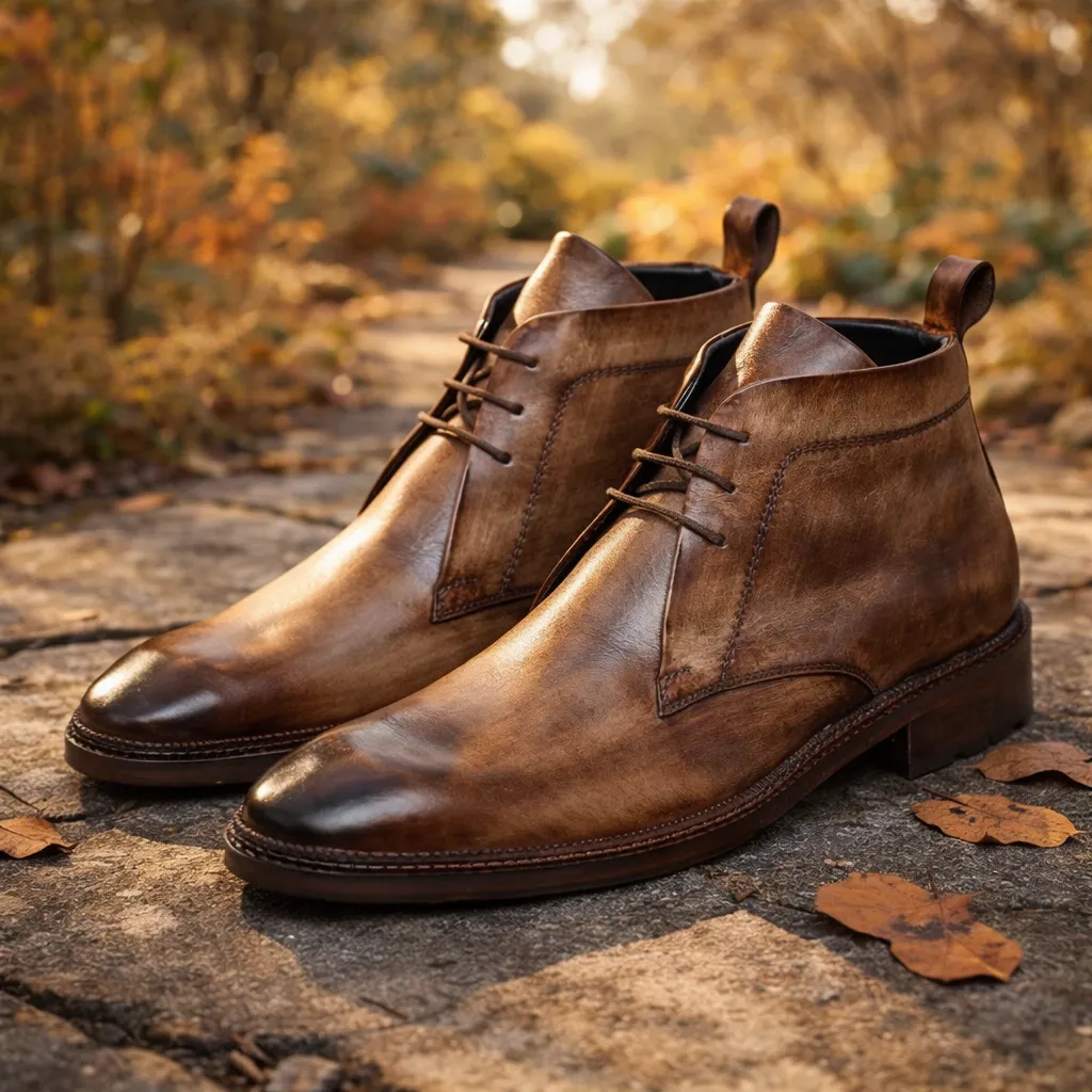 Men's rugged brown leather Chukka boots with hidden 7 cm lift on a rustic stone path.