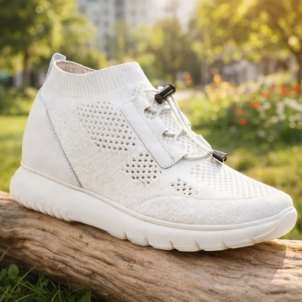 Weiße atmungsaktive Stricksneaker für Damen mit innovativer 8 cm Sohlentechnologie.