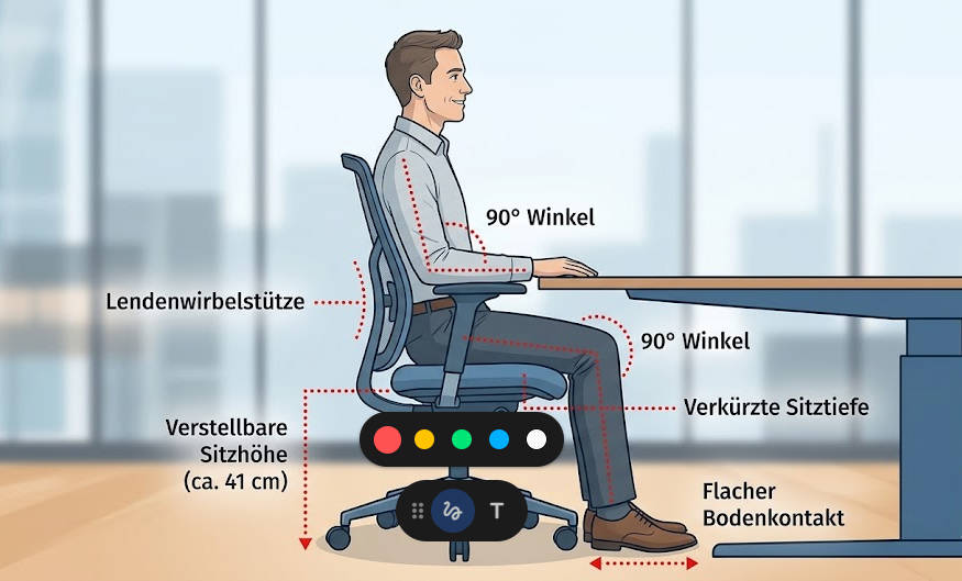 Ergonomischer Bürostuhl für kleine Menschen: Vergleich der Sitzhöhe und Bodenkontakt.
