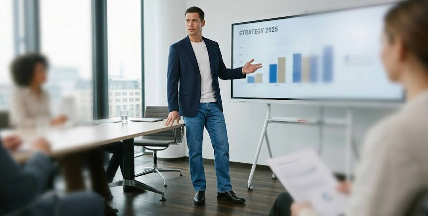 Souveränes Auftreten im Business-Meeting für kleine Männer mit Business-Schuhen mit innerer Erhöhung.