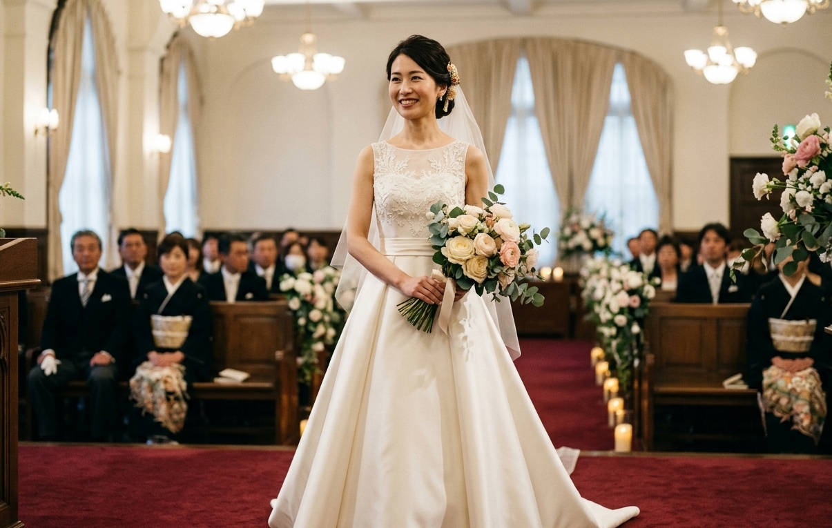 小柄な花嫁は、クラシックなAラインのウェディングドレスを着ていた。彼女は優雅に立ち、ドレスの裾は自然に広がり、美しいAラインのシルエットを描いていた。