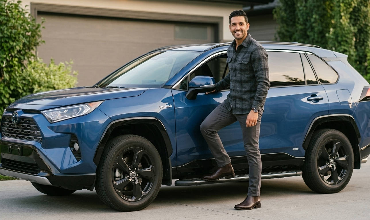 A confident man stepping out of a blue SUV in Canada, wearing stylish dark brown Chelsea boots that offer a subtle height boost.