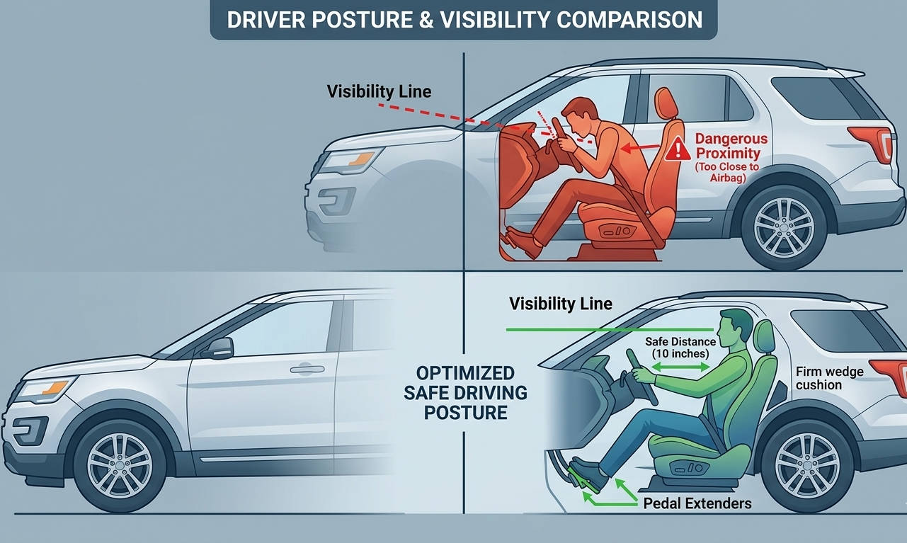 A diagram comparing incorrect and correct driving postures for short people, highlighting the 10-inch safety distance and visibility lines.